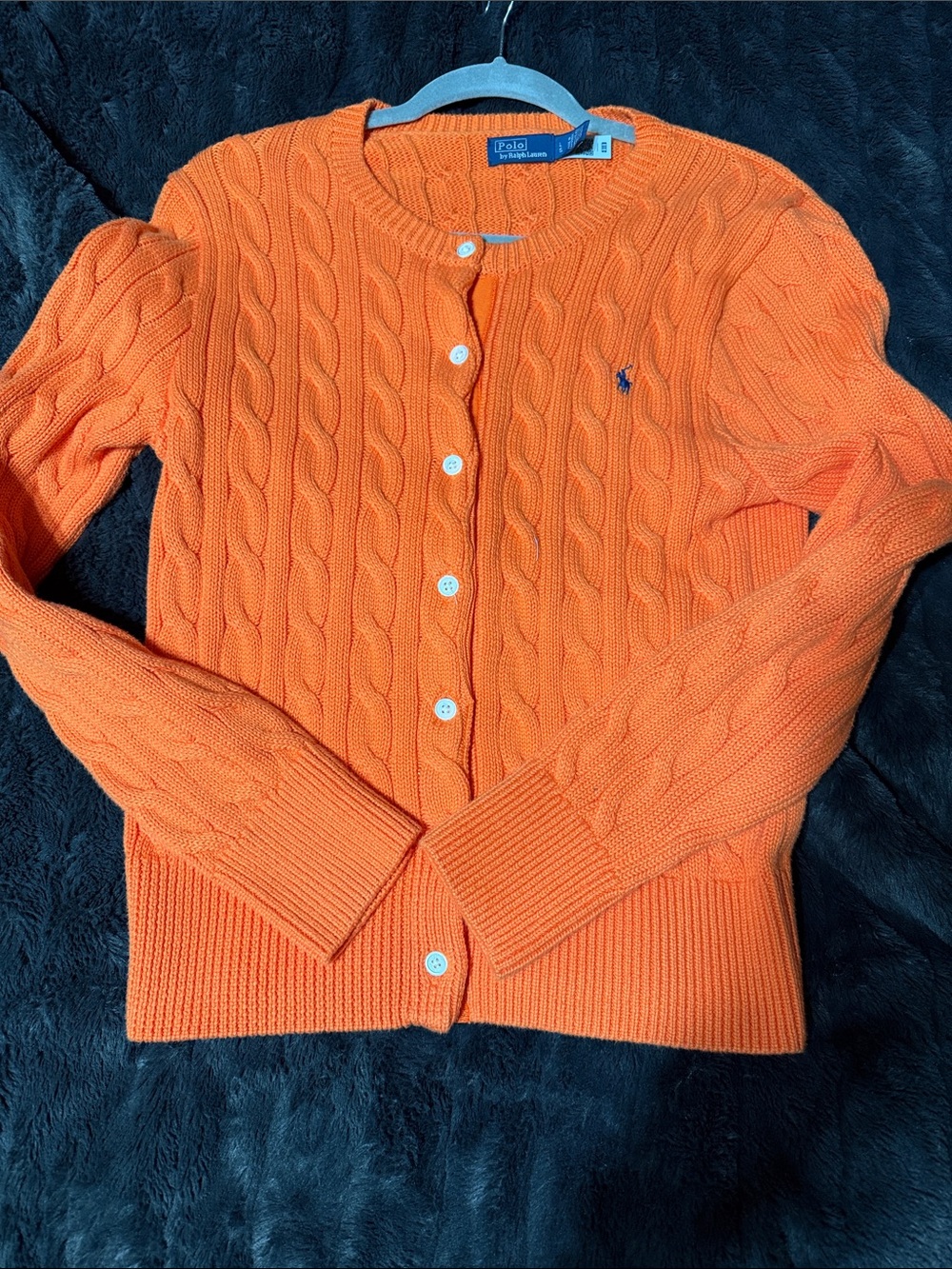 Ralph Lauren Bright Orange Cable-Knit Cotton Cardigan